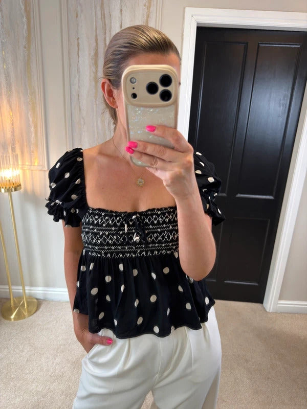 River Island Black Polka Dot Boho Blouse XS