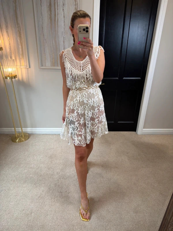 Boutique Ivory Sheer Lace Fringe Mini Dress One Size