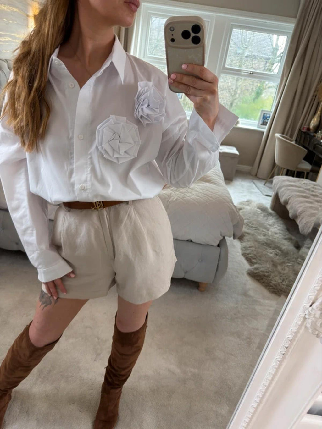 Manilla Oversized White 3D Flower Shirt One Size