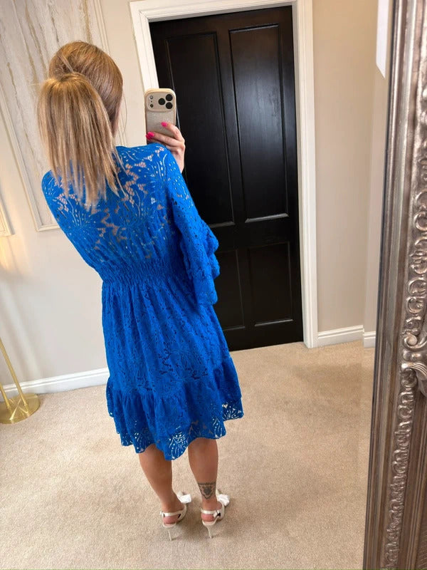 Boutique Cobalt Blue Lace Frill Dress One Size