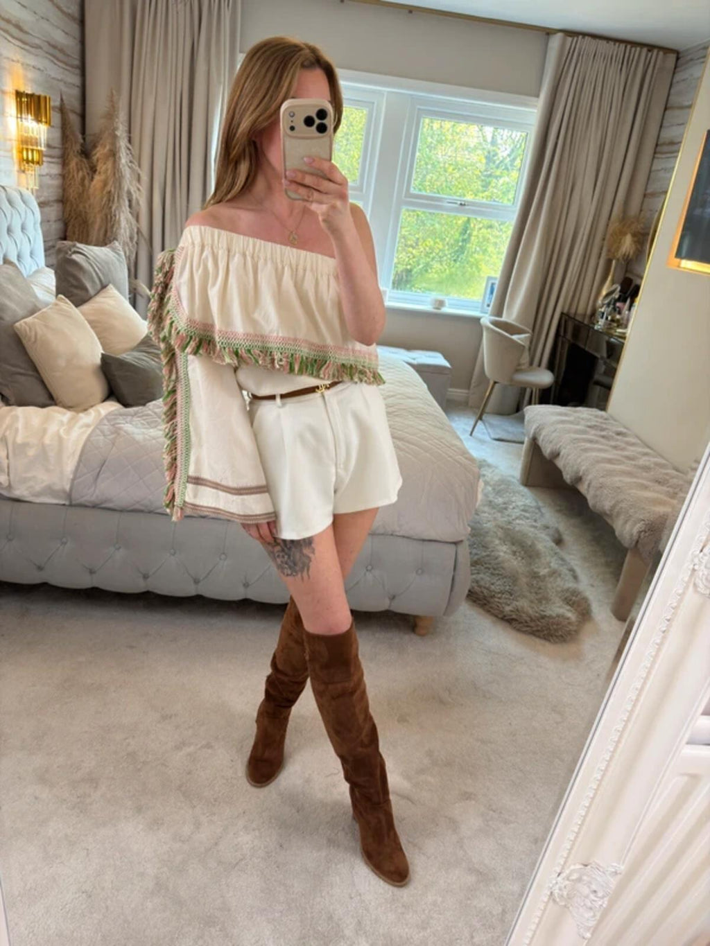 Celia Dragouni Cream Boho Tassel Blouse
