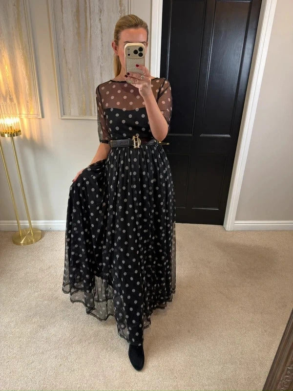 Floryday Black & White Polka Dot Mesh Maxi Dress Medium