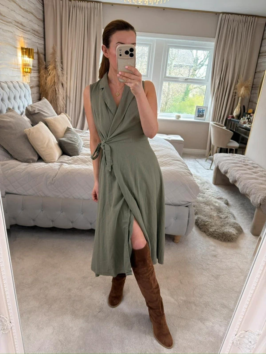 DKNY Khaki Linen Blend Wrap Dress 8