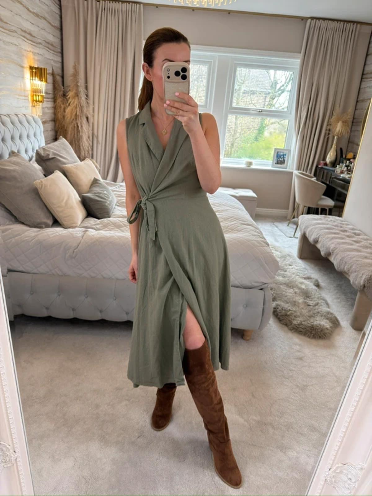 DKNY Khaki Linen Blend Wrap Dress 8