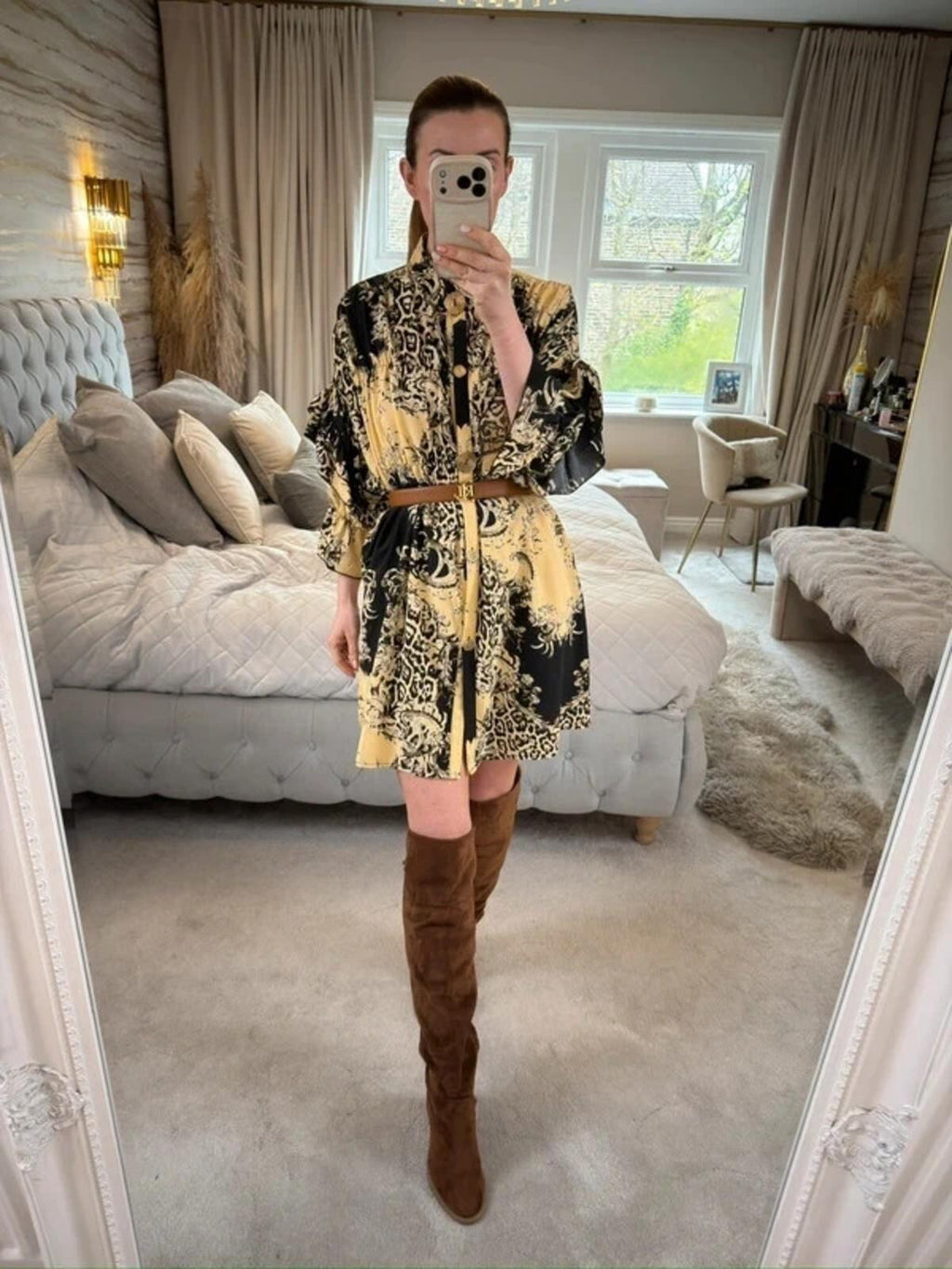 Cherry Koko Cream & Black Animal Print Shirt Dress S/M