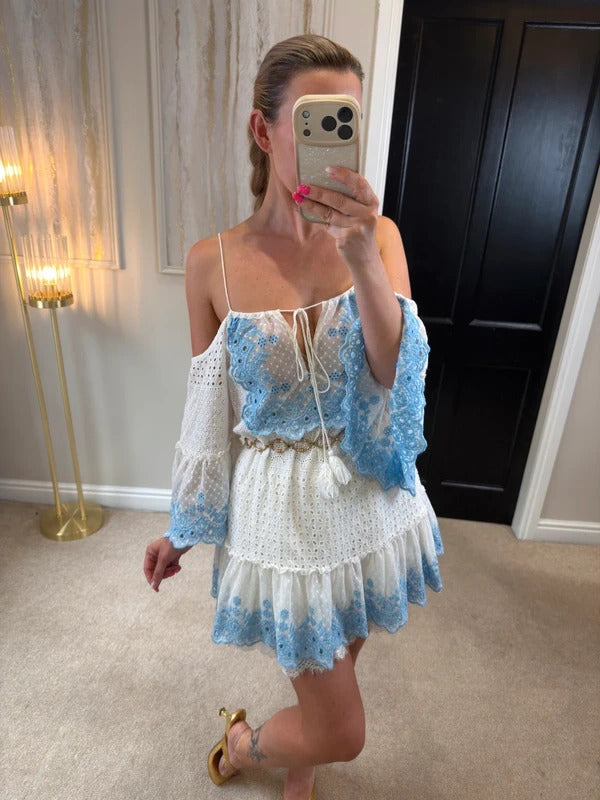 Miss June White & Blue Boho Mini Dress One Size