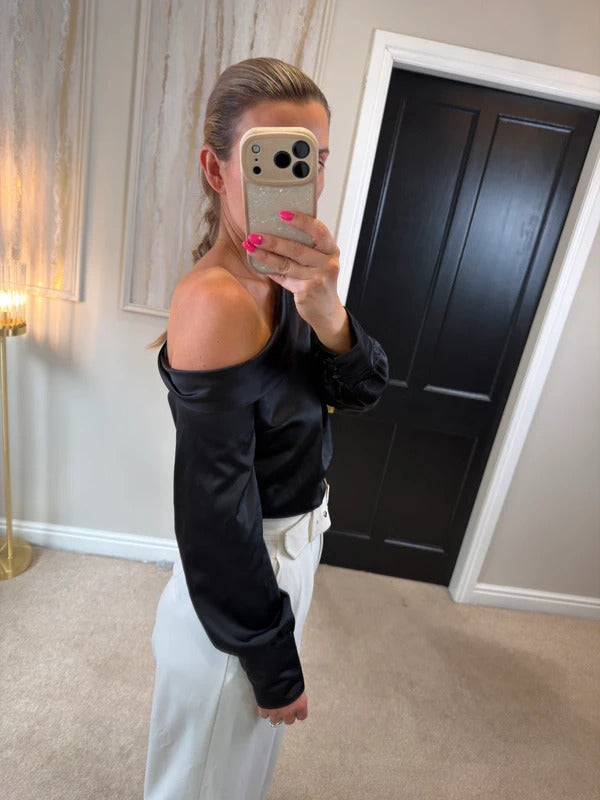 River Island Black Satin Off The Shoulder Blouse 8