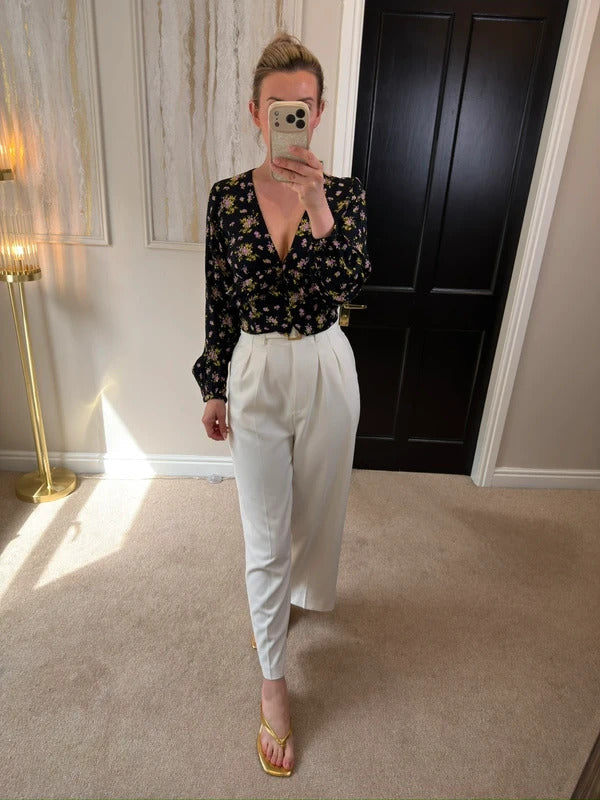 Zara Black Floral Print Frill Blouse XS