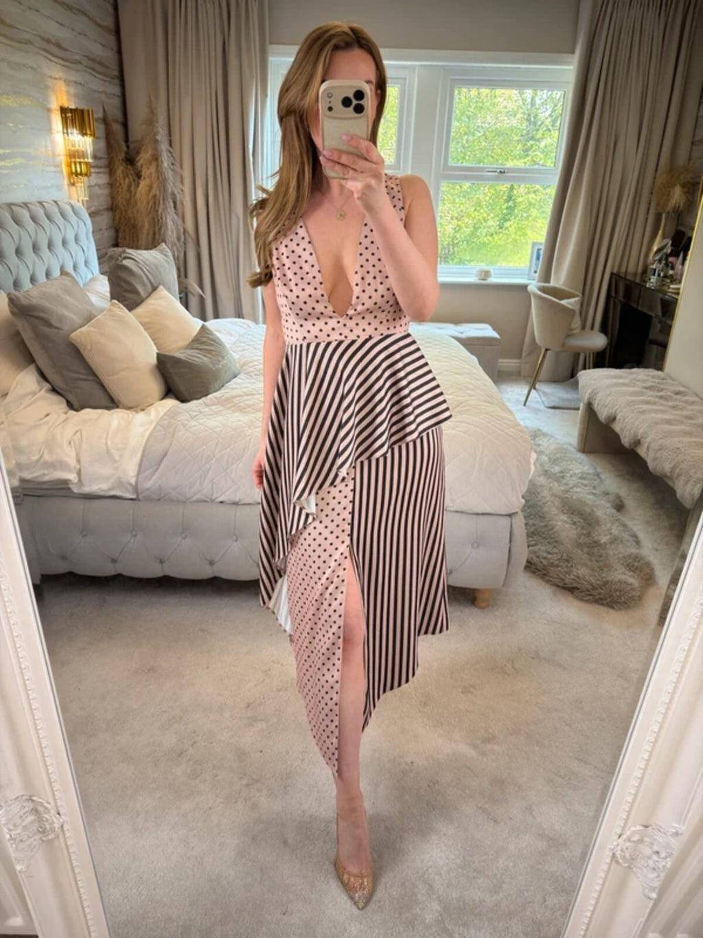 ASOS Pink & Black Spotty & Stripe Open Back Plunge Midi Dress 10