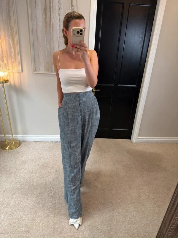 BNWT Zara Blue Linen Blend Wide Leg Trousers Size Medium