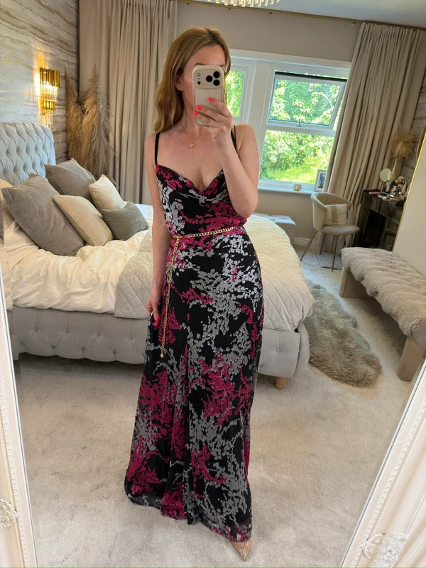 Monsoon Vintage 90s Black Floral Cowl Maxi Dress 14