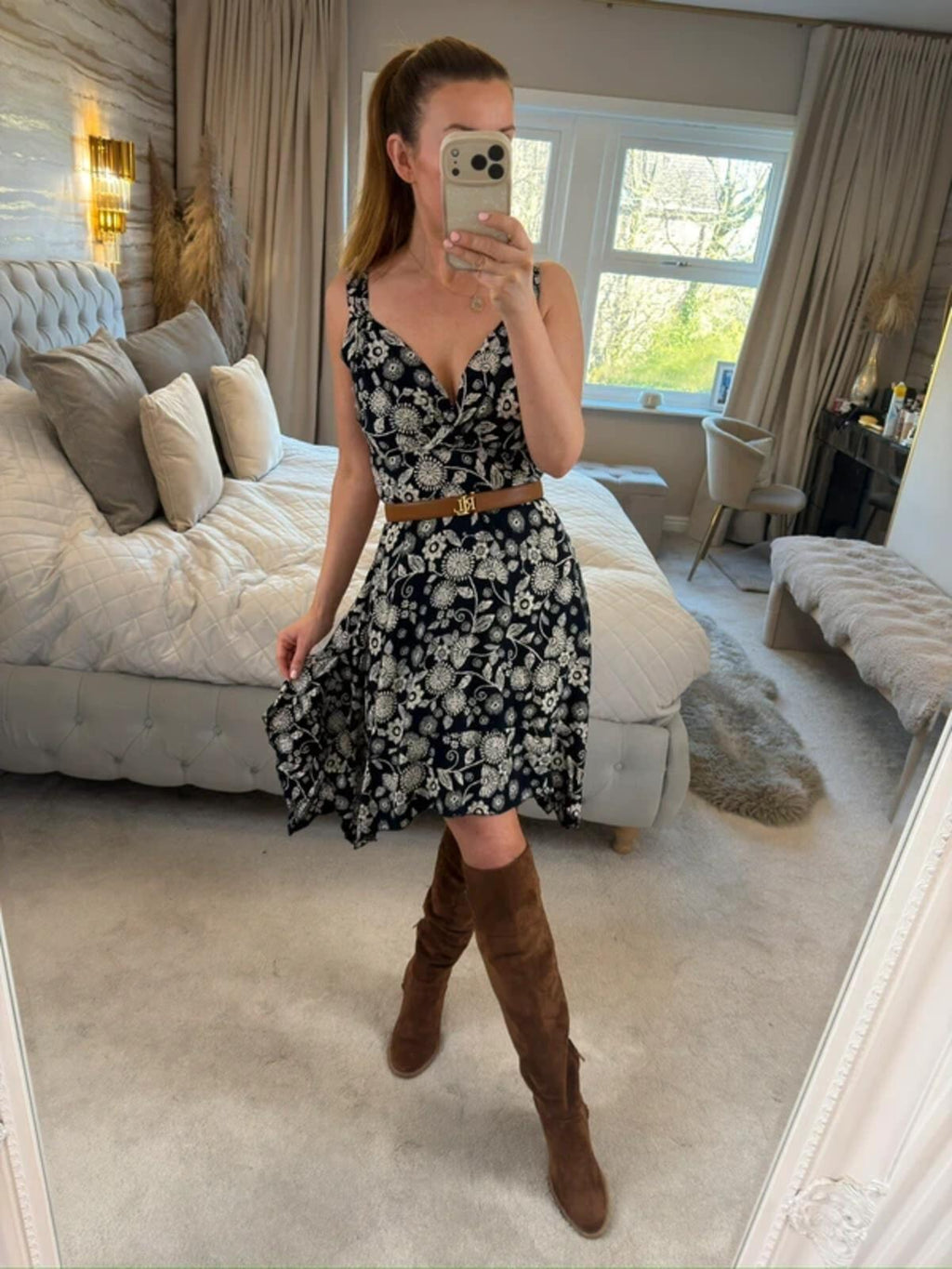 Apricot Navy Floral Asymmetrical Hem Dress 8