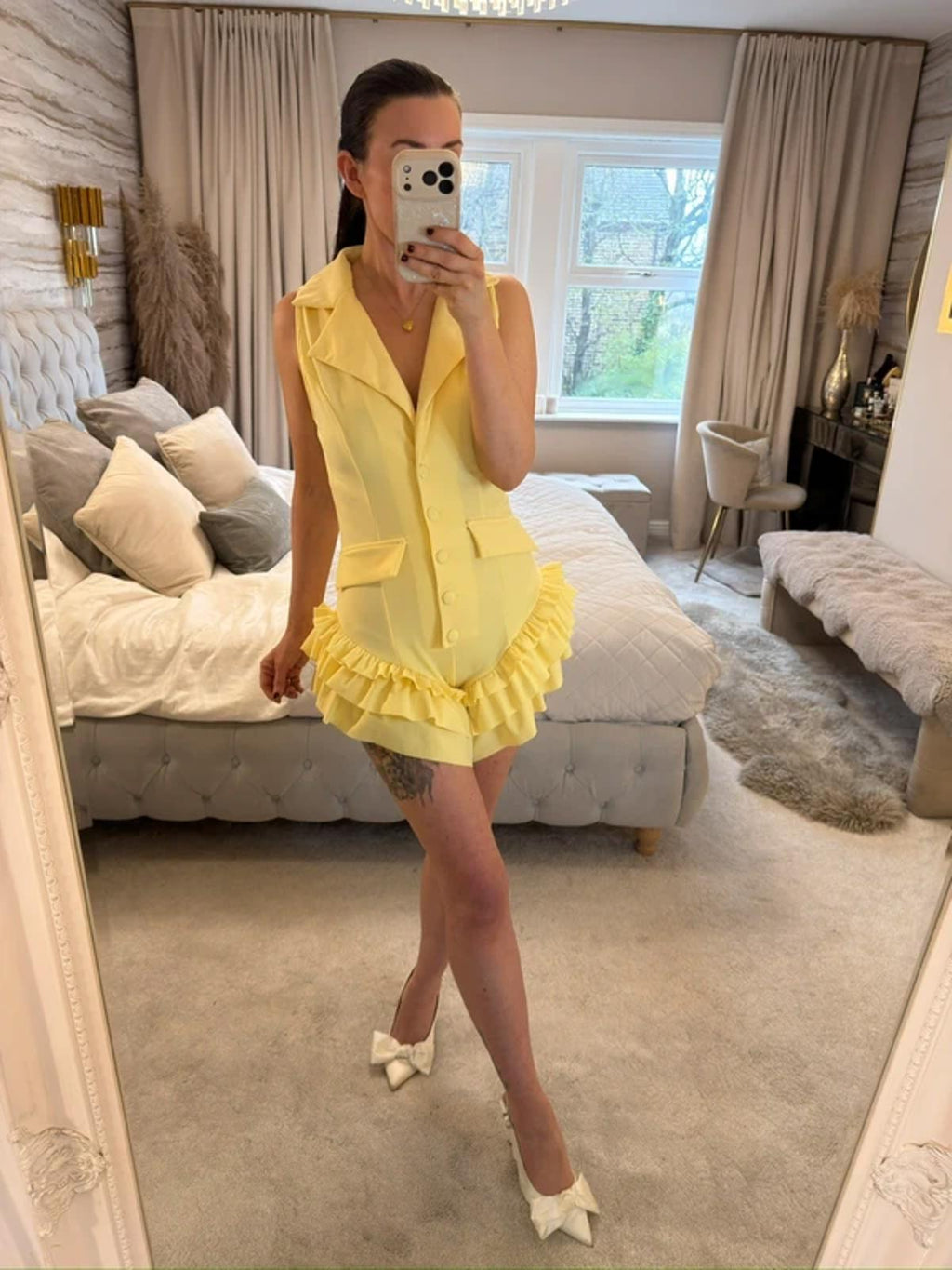 Retro Stage 1960s Yellow Frill Playsuit Small