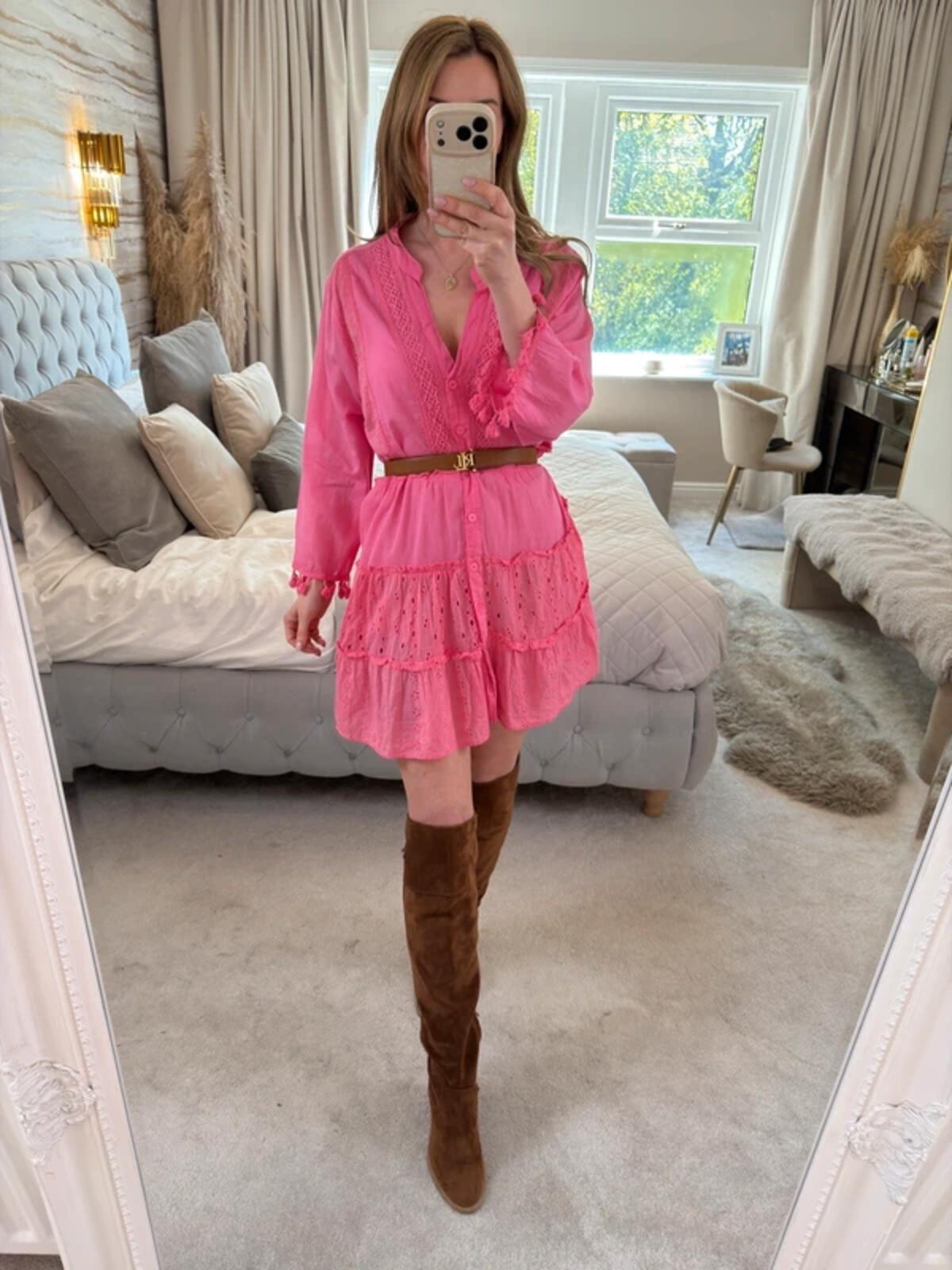 American Flirt Pink 100% Cotton Mini Dress Large