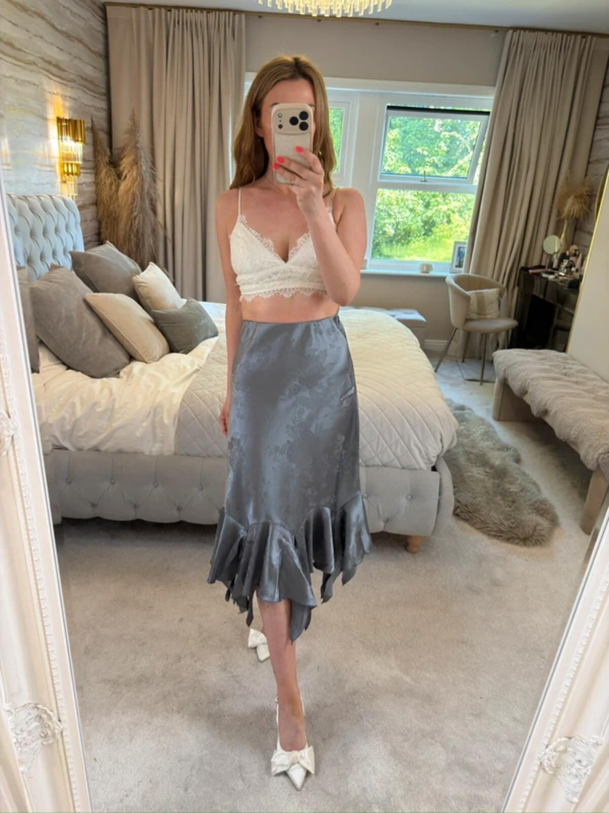 ⭐ BNWT Miss Selfridge Purple / Silver Asymmetrical Satin Floral Midi Skirt 12