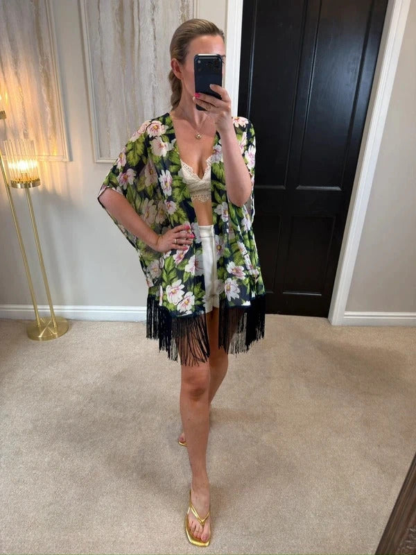 Urmoda Navy Floral Fringe Kimono Medium