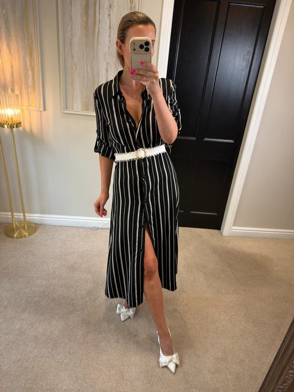 Riani Black & White Striped Shirt Dress Short Sleeve Size 10