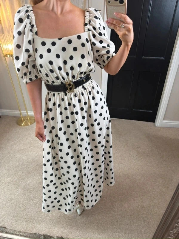 Flounce London Off White & Black Polka Dot Midi Dress 14