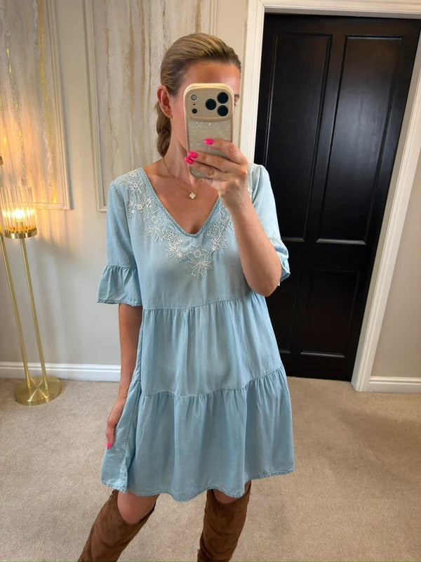 Accessorize XS Light Denim Embroidered Boho Mini Dress XS
