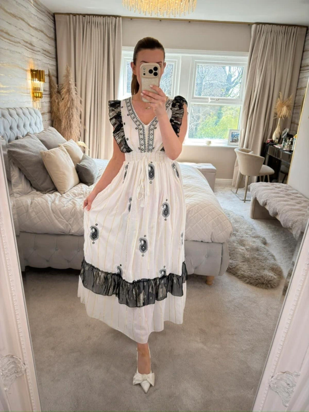 Boutique White & Black Boho Embellished Dress One Size