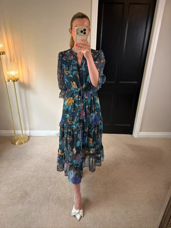 Next Navy Floral Tiered Frill Midi Dress 12