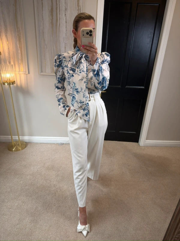Anne Louise Boutique White & Blue Floral Bird Pussybow Blouse Size 10