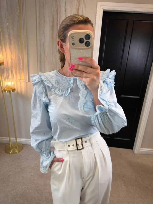 BNWT River Island Light Blue Frill Blouse Petite Size 10