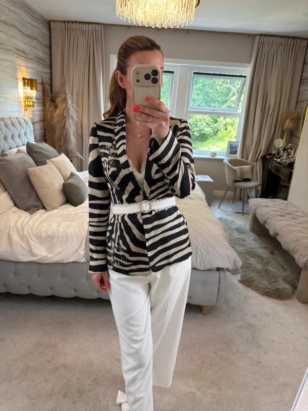 Zara Black & Cream Animal Print Blazer Small
