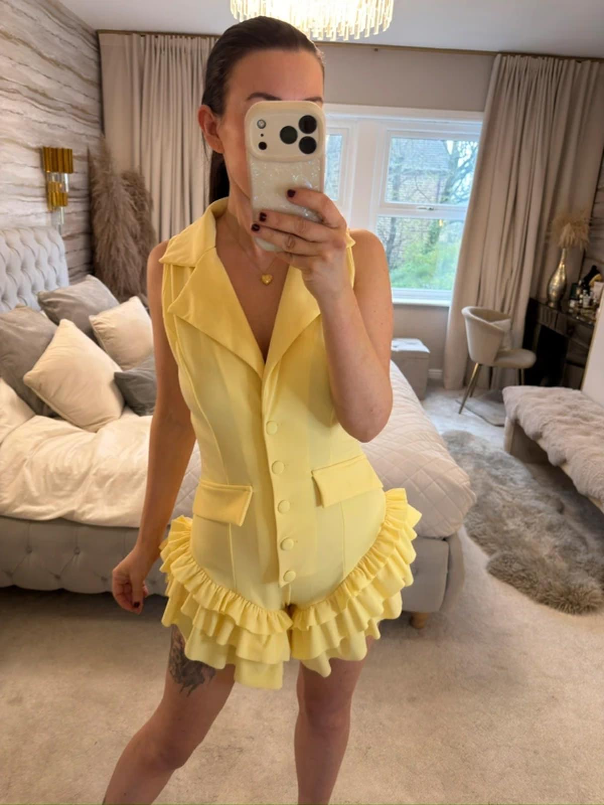 Retro Stage 1960s Yellow Frill Playsuit Small