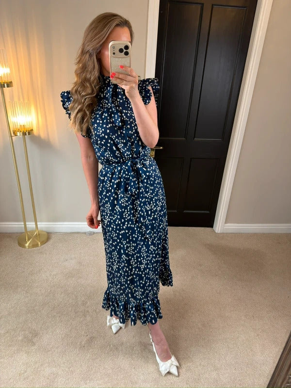 Anne Louise Boutique Navy & White Heart Frill Midi Dress 10