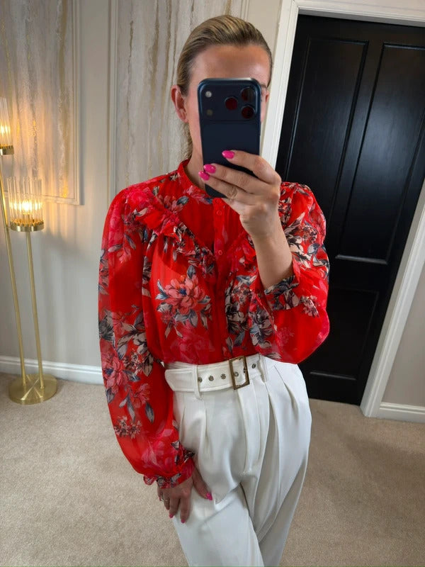 French Connection Red Sheer Floral Frill Blouse 10