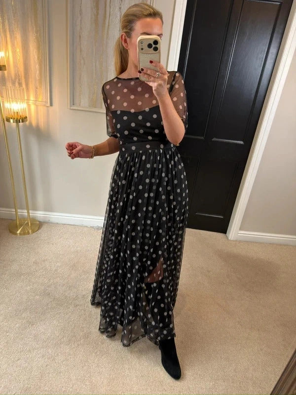 Floryday Black & White Polka Dot Mesh Maxi Dress Medium