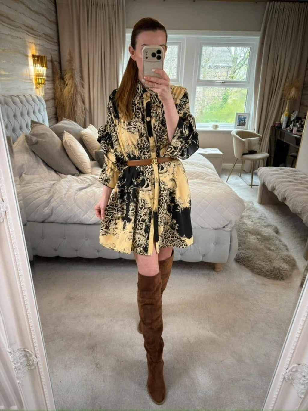 Cherry Koko Cream & Black Animal Print Shirt Dress S/M