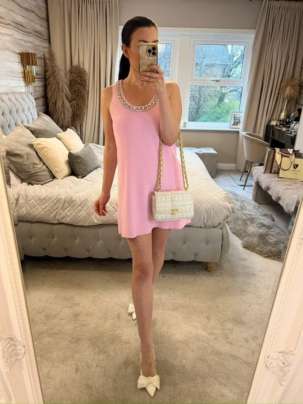 Zara Pink Knitted Embellished Mini Dress Small
