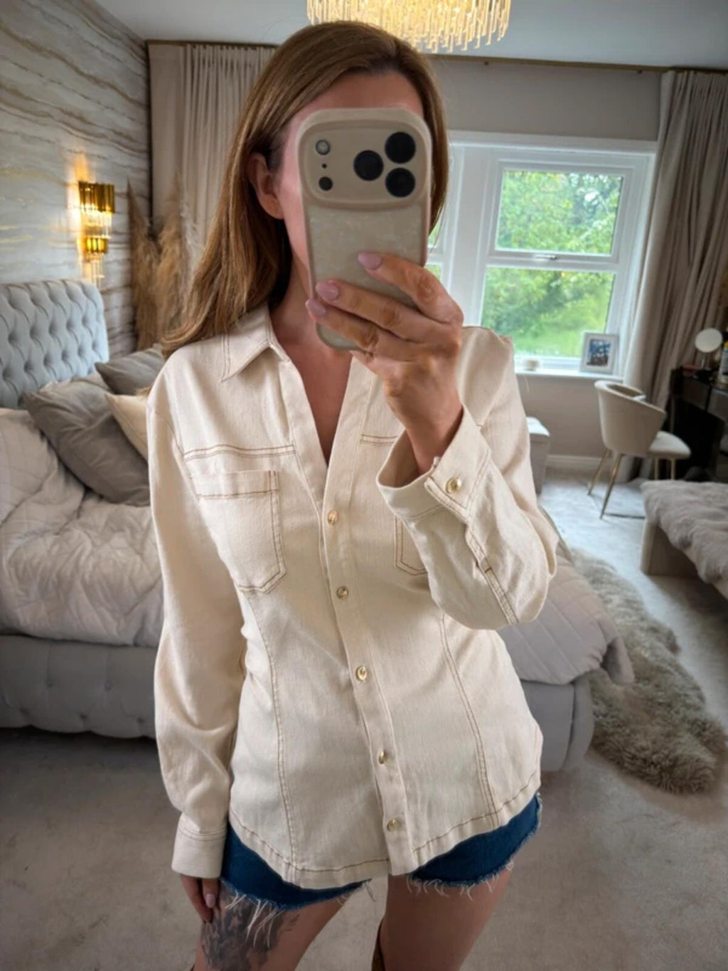 Zara Cream Denim Fitted Shirt Large