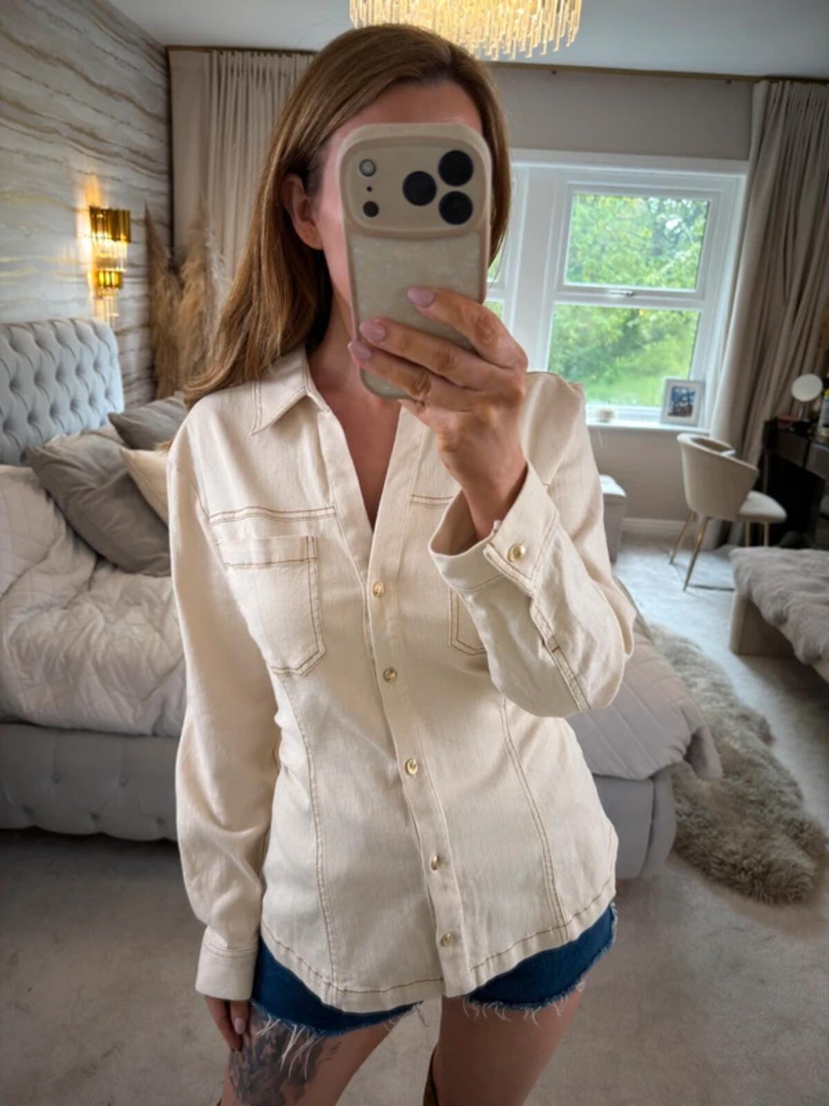 Zara Cream Denim Fitted Shirt Large