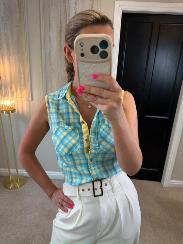 TU Blue & Yellow Gingham Tie Front Blouse 8