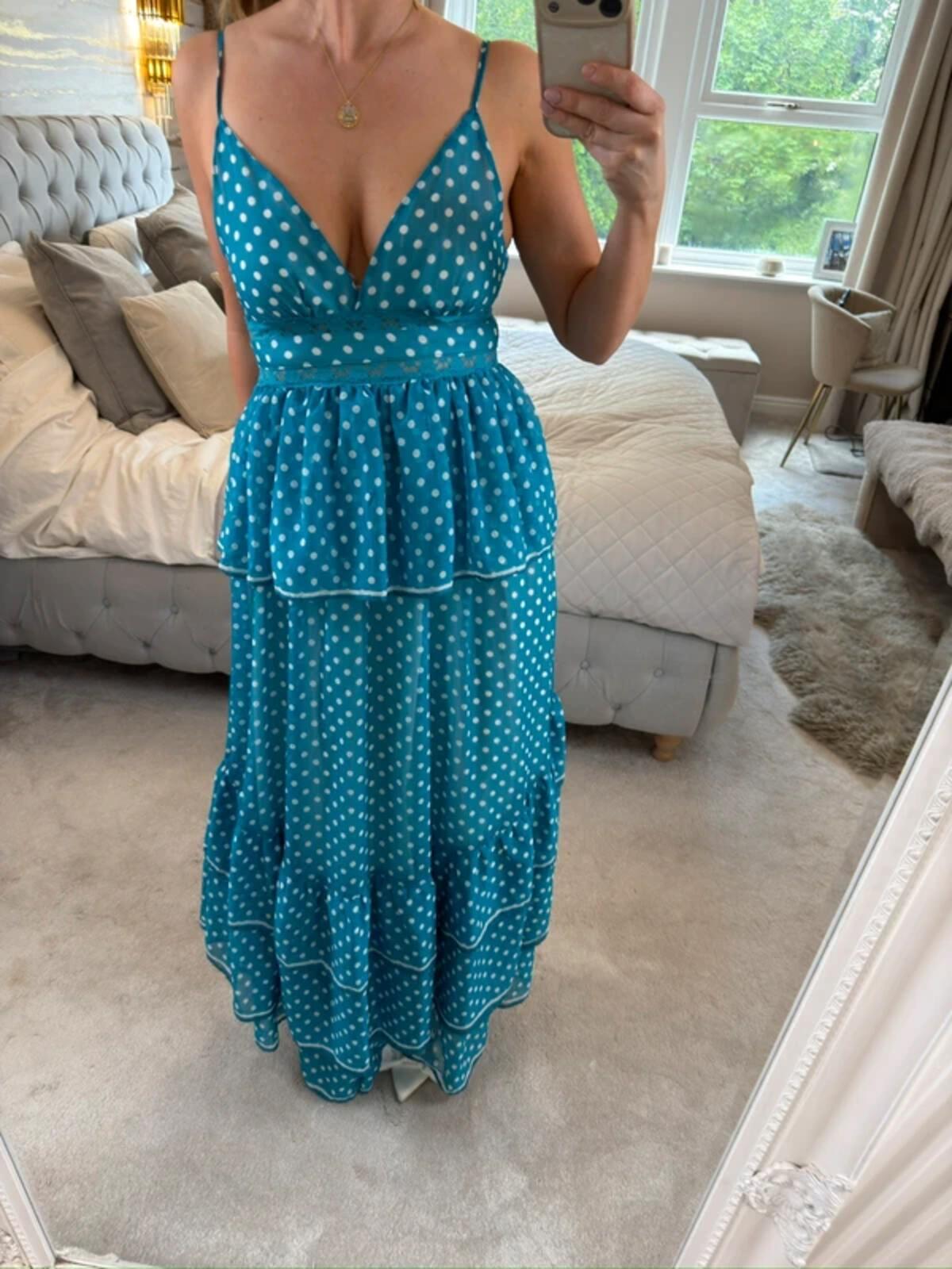 Golden Days Teal Blue & White Polka Dot Tiered Maxi Dress 8