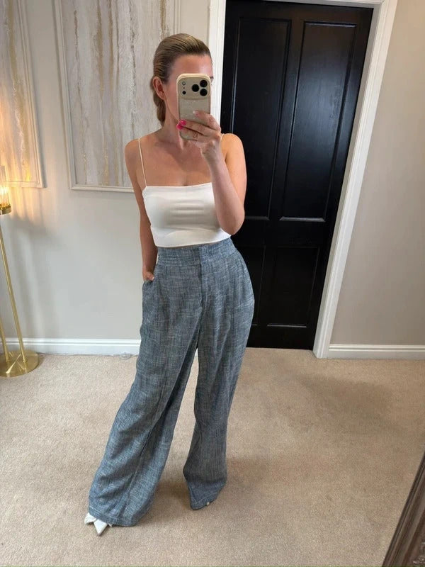BNWT Zara Blue Linen Blend Wide Leg Trousers Size Medium