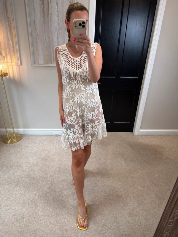 Boutique Ivory Sheer Lace Fringe Mini Dress One Size