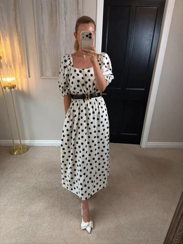 Flounce London Off White & Black Polka Dot Midi Dress 14