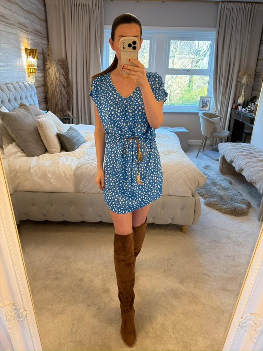 GOA Blue & White Boho Tie Mini Dress 10