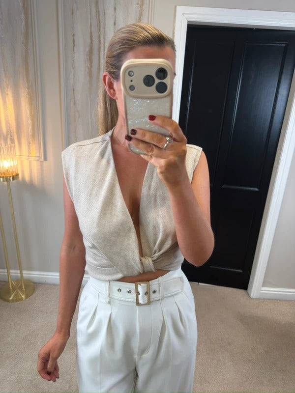 BNWT Zara Oatmeal Linen Blend Twist Front Blouse Small