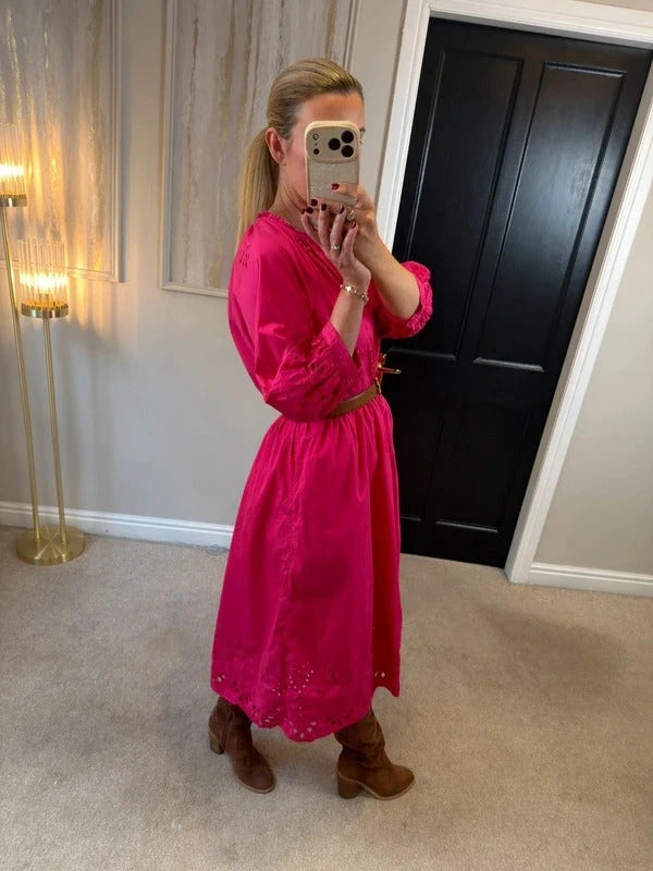 M&S Pink Broderie Anglaise Midi Dress 14