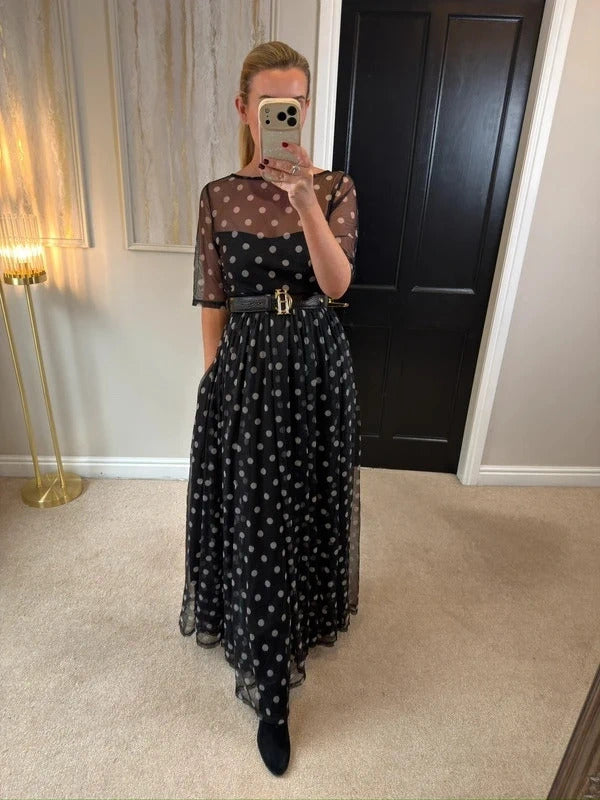 Floryday Black & White Polka Dot Mesh Maxi Dress Medium