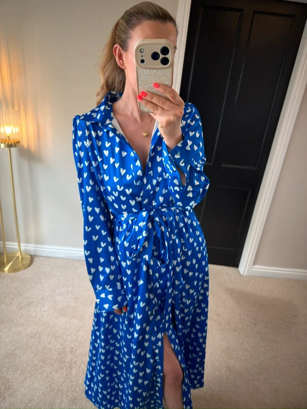 BNWT Anne Louise Boutique Blue & White Heart Shirt Dress Size 10