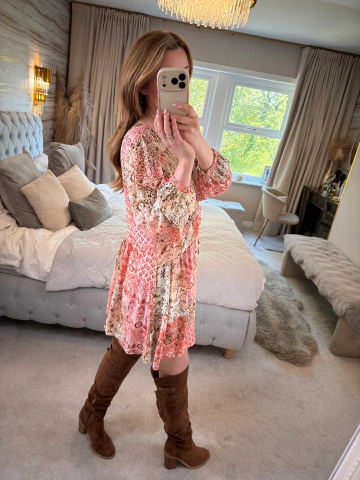 Zara Cream & Pink Boho Mini Dress Small