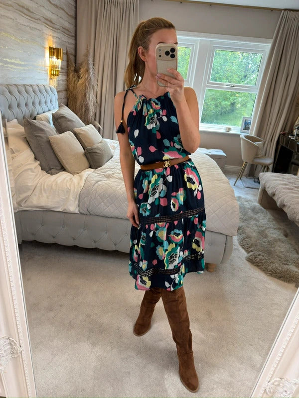 M&S Navy Floral Tassel Beach Sundress 8