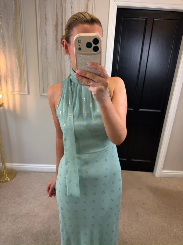 BNWT Jodie Moi Mint Green & Gold Tie Neck Maxi 10