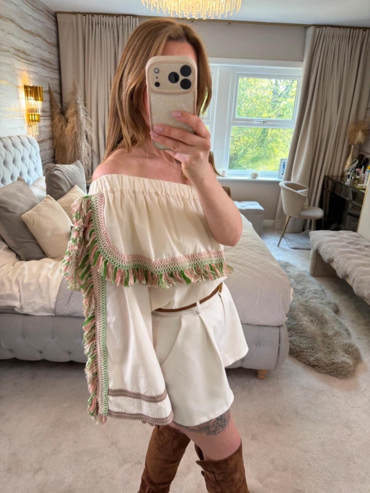 Celia Dragouni Cream Boho Tassel Blouse